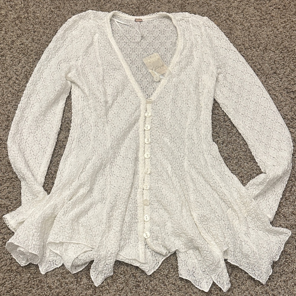 Free People White Lace Button-Up Cardigan